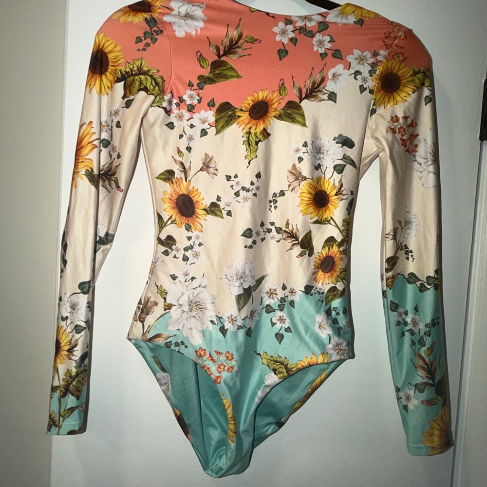 Agua Bendita Floral Long-Sleeve One-Piece Swimsuit in Coral, Cream & Aqua